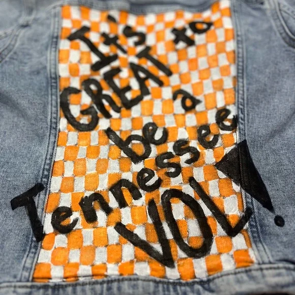 🧡Kids Denim Hand-painted TN Vols Jacket with Orange and White Checkerboard - Picture 7 of 10